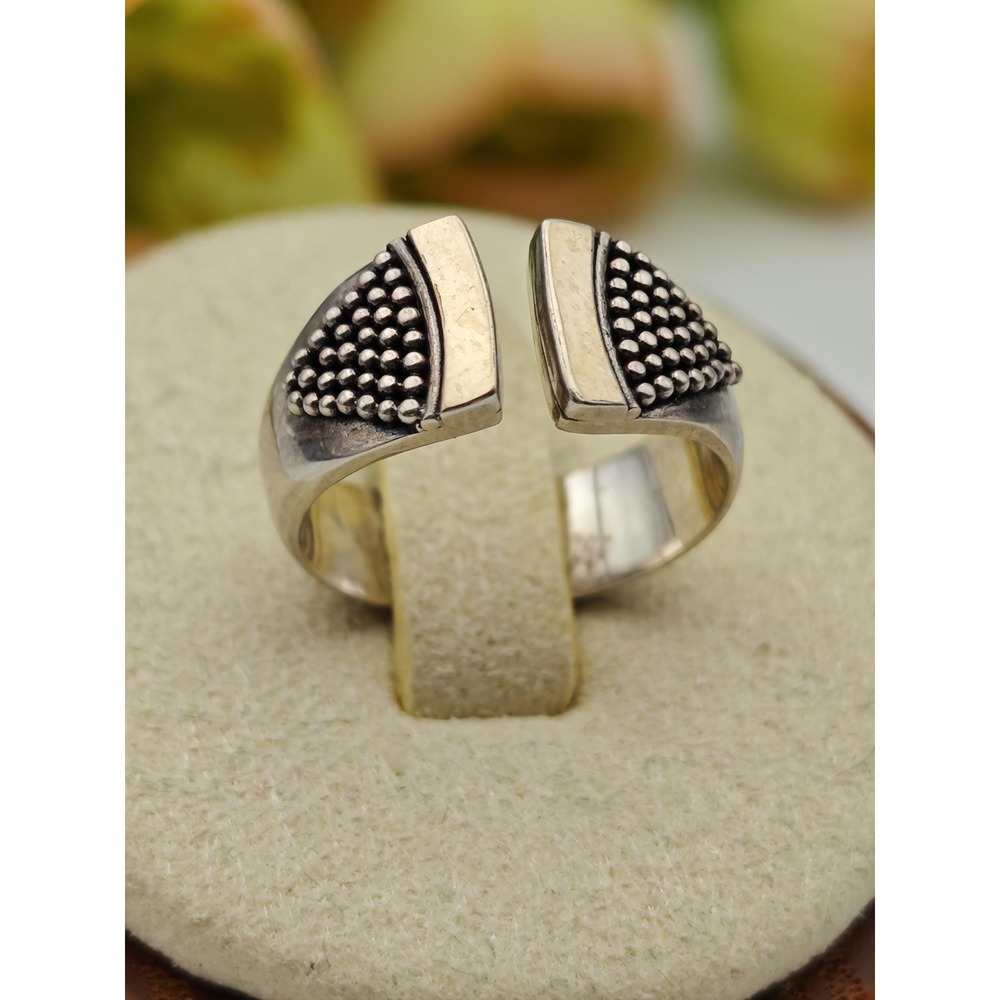 Mixed Metal Artisan Open Band Ring Unisex Size 4 Silver 18K Gold Bead Triangle